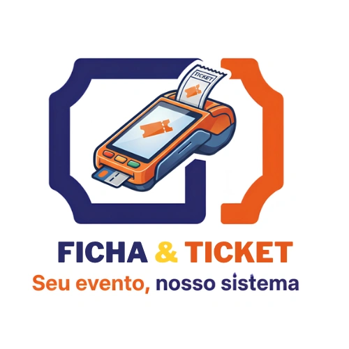 Marca Ficha & Ticket, com a ilustração de um terminal imprimindo um ingresso e o lema Seu evento, nosso sistema.