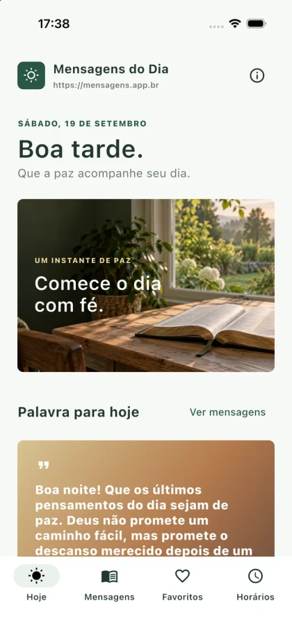 Tela inicial do Mensagens do Dia com saudação, mensagem de fé e navegação para favoritos e horários.